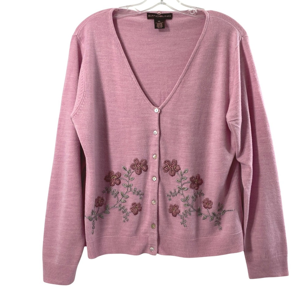 Bandolino Cardigan Women XL Pink Floral Embroidered V-Neck‎ Button Front Sweater